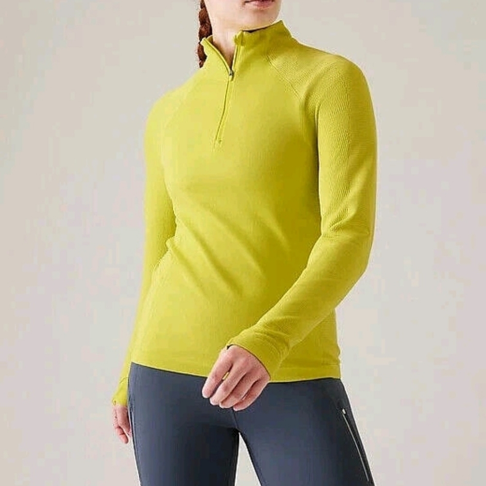 Athleta Flurry Half Zip Mock Neck Top  Bright Lime Yellow Green Small